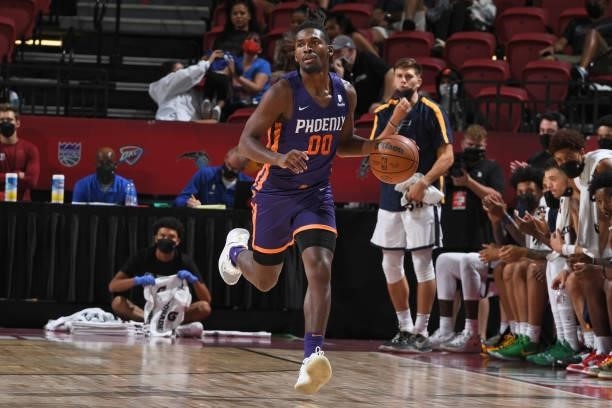 Jaleen Smith of the Phoenix Suns dribbles during the game against the Utah Jazz during the 2021 Las Vegas Summer League on August 9, 2021 at the...