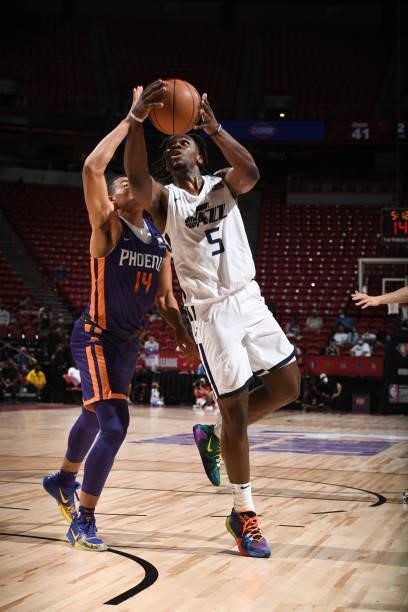 Jarrell Brantley of the Utah Jazz drives to the basket during the game against the Phoenix Suns during the 2021 Las Vegas Summer League on August 9,...