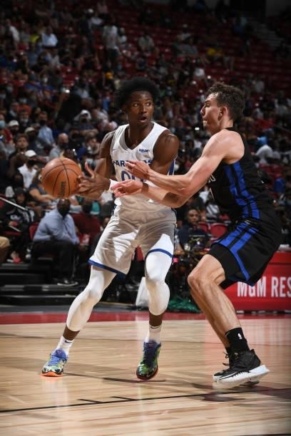 Jonathan Kuminga of the Golden State Warriors looks to pass the ball against the Orlando Magic during the 2021 Las Vegas Summer League on August 9,...