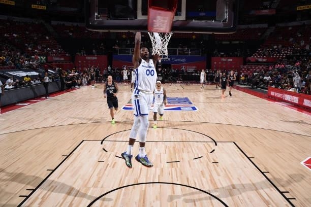 Jonathan Kuminga of the Golden State Warriors dunks the ball against the Orlando Magic during the 2021 Las Vegas Summer League on August 9, 2021 at...