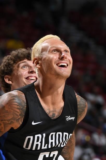 Janis Timma of the Orlando Magic smiles during the game against the Golden State Warriors during the 2021 Las Vegas Summer League on August 9, 2021...