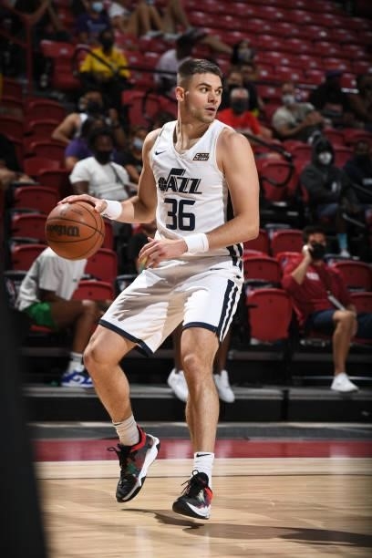 Matt Mooney of the Utah Jazz White dribbles during the game against the Phoenix Suns during the 2021 Las Vegas Summer League on August 9, 2021 at the...