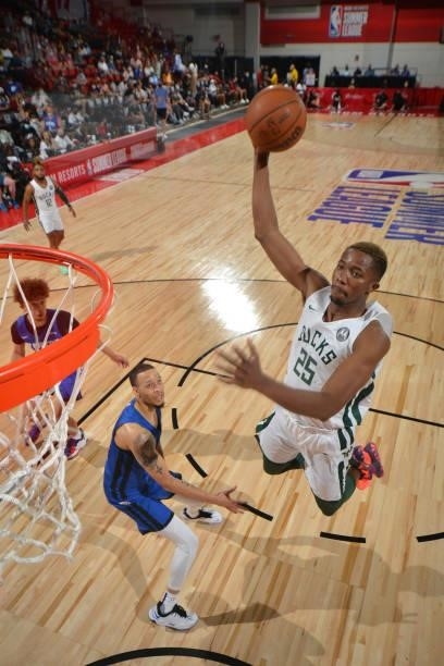 Mamadi Diakite of the Milwaukee Bucks dunks the ball against the LA Clippers during the 2021 Las Vegas Summer League on August 9, 2021 at the Cox...