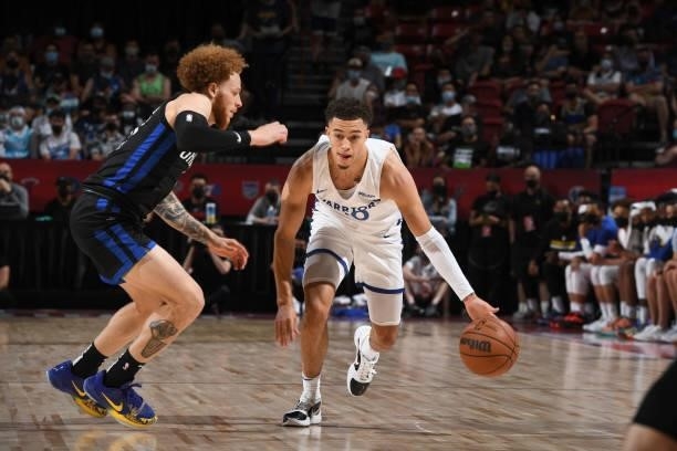 Jaquori McLaughlin of the Golden State Warriors handles the ball against the Orlando Magic during the 2021 Las Vegas Summer League on August 9, 2021...