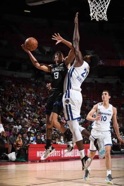 Hampton of the Orlando Magic drives to the basket against the Golden State Warriors during the 2021 Las Vegas Summer League on August 9, 2021 at the...