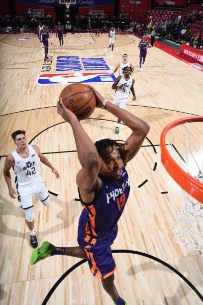 Justin Simon of the Phoenix Suns dunks during the game against the Utah Jazz White during the 2021 Las Vegas Summer League on August 9, 2021 at the...