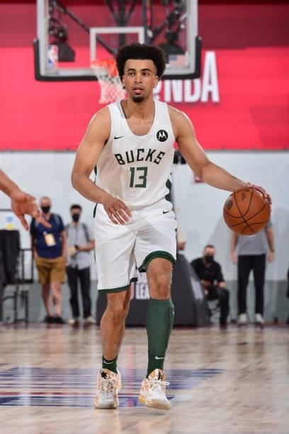 Jordan Nwora of the Milwaukee Bucks dribbles the ball against the LA Clippers during the 2021 Las Vegas Summer League on August 9, 2021 at the Cox...