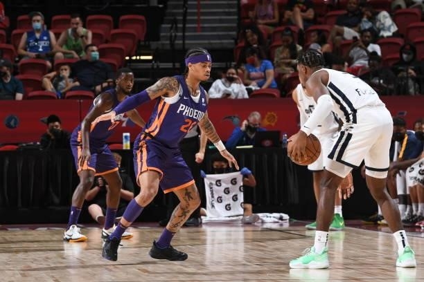 Nate Mason of the Phoenix Suns plays defense during the game against the Utah Jazz during the 2021 Las Vegas Summer League on August 9, 2021 at the...