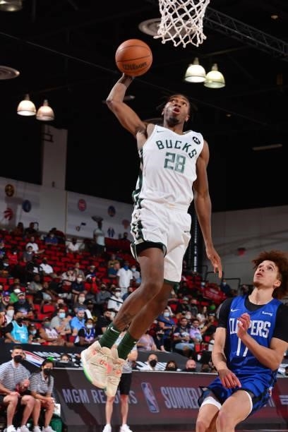 Brandon Randolph of the Milwaukee Bucks dunks the ball against the LA Clippers during the 2021 Las Vegas Summer League on August 9, 2021 at the Cox...