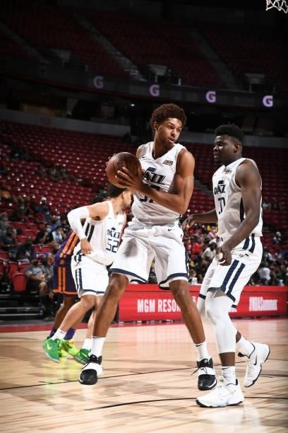 MaCio Teauge of the Utah Jazz rebounds during the game against the Phoenix Suns during the 2021 Las Vegas Summer League on August 9, 2021 at the...
