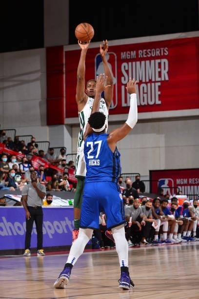 Mamadi Diakite of the Milwaukee Bucks shoots a three point basket against the LA Clippers during the 2021 Las Vegas Summer League on August 9, 2021...