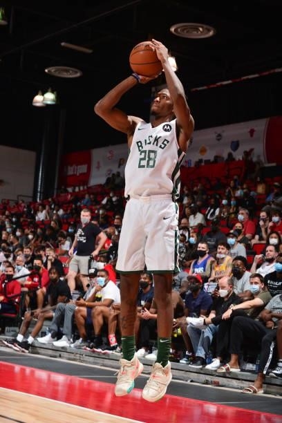 Brandon Randolph of the Milwaukee Bucks shoots a three point basket against the LA Clippers during the 2021 Las Vegas Summer League on August 9, 2021...