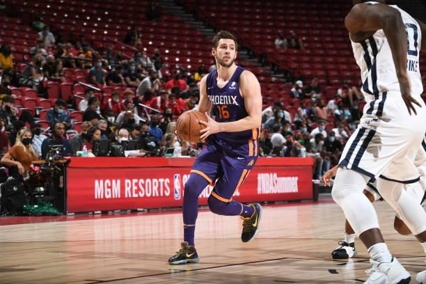 Jon Axel Gudmundsson of the Phoenix Suns drives to the basket during the game against the Utah Jazz during the 2021 Las Vegas Summer League on August...