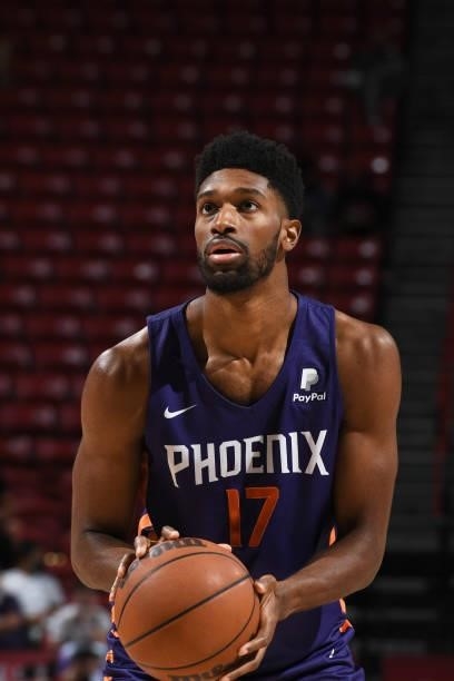 Kyle Alexander of the Phoenix Suns shoots a free throw during the game against the Utah Jazz White during the 2021 Las Vegas Summer League on August...