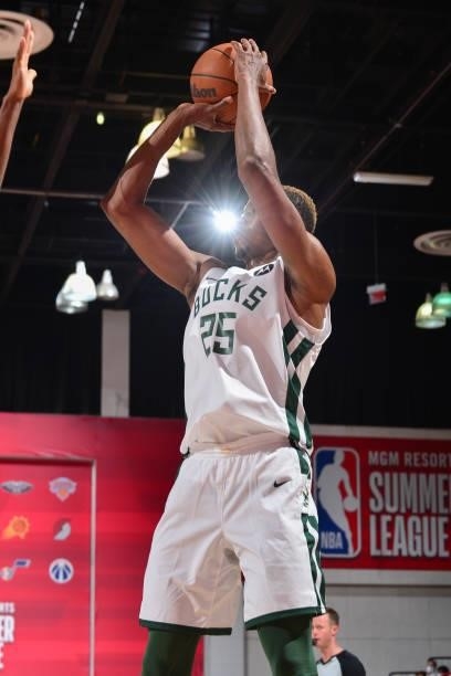 Mamadi Diakite of the Milwaukee Bucks shoots a three point basket against the LA Clippers during the 2021 Las Vegas Summer League on August 9, 2021...
