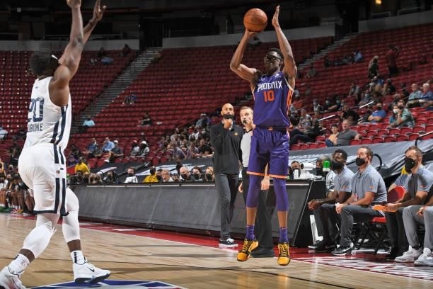 Jalen Smith of the Phoenix Suns shoots the ball during the game against the Utah Jazz during the 2021 Las Vegas Summer League on August 9, 2021 at...