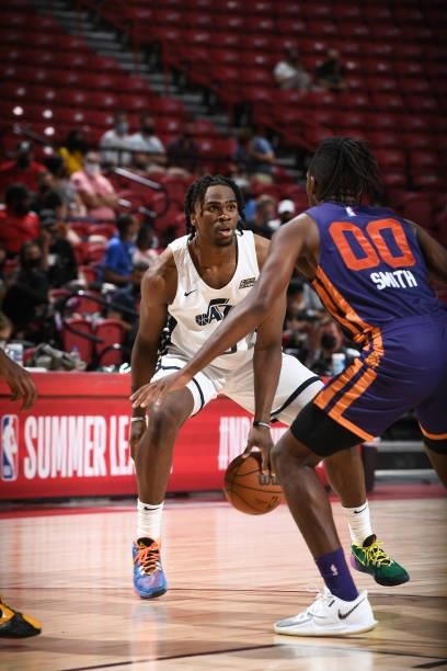 Jarrell Brantley of the Utah Jazz White dribbles during the game against the Phoenix Suns during the 2021 Las Vegas Summer League on August 9, 2021...