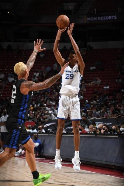 Derrick Alston Jr. #29 of the Golden State Warriors shoots a 3-pointer against the Orlando Magic during the 2021 Las Vegas Summer League on August 9,...