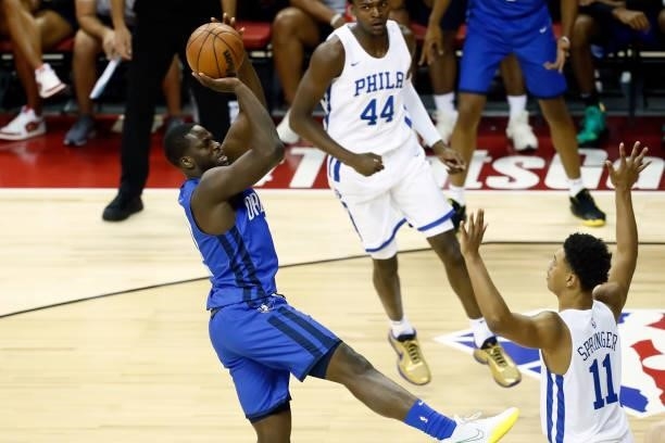 Eugene Omoruyi of the Dallas Mavericks shoots the ball during the game against the Philadelphia 76ers during a Summer League game at the Thomas &...