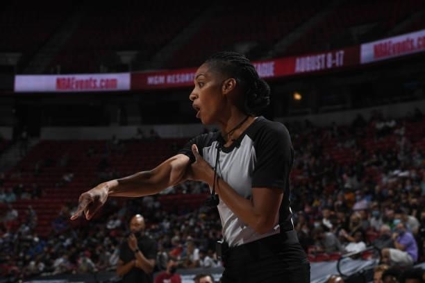 Referee, Angelica Suffren makes a call during the game between the Golden State Warriors and the Orlando Magic during the 2021 Las Vegas Summer...
