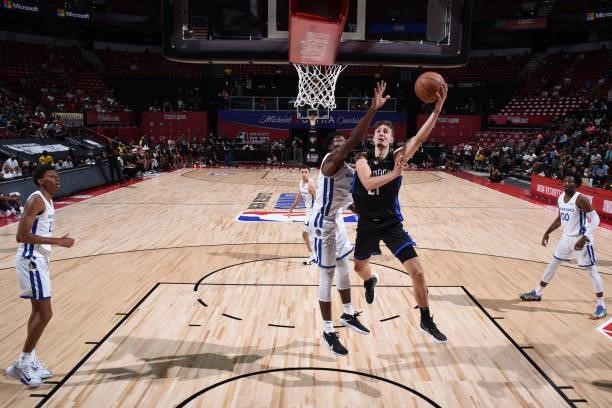 Franz Wagner of the Orlando Magic shoots the ball against the Golden State Warriors during the 2021 Las Vegas Summer League on August 9, 2021 at the...