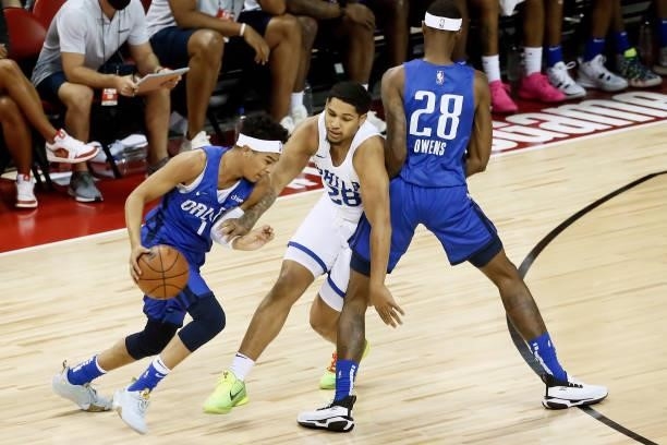 Tyrell Terry of the Dallas Mavericks dribbles during the game against the Philadelphia 76ers during a Summer League game at the Thomas & Mack Center...