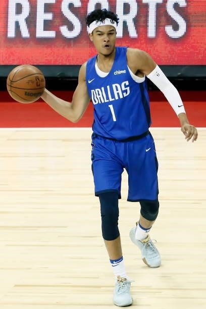 Tyrell Terry of the Dallas Mavericks looks to pass the ball during the game against the Philadelphia 76ers during a Summer League game at the Thomas...