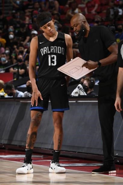 Hampton talks with Head Coach, Jamahl Mosley of the Orlando Magic during the game against the Golden State Warriors during the 2021 Las Vegas Summer...