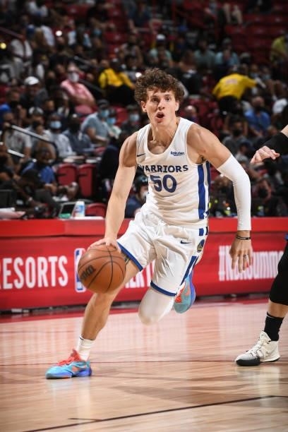 Kyle Guy of the Golden State Warriors drives to the basket against the Orlando Magic during the 2021 Las Vegas Summer League on August 9, 2021 at the...