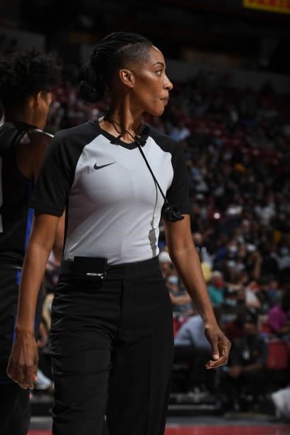 Referee, Angelica Suffren looks on during the game between the Golden State Warriors and the Orlando Magic during the 2021 Las Vegas Summer League on...