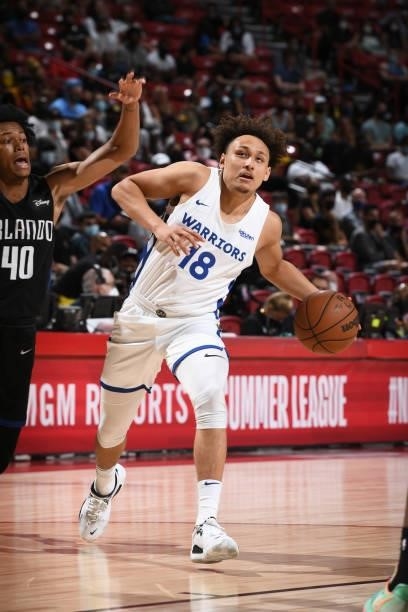 Colbey Ross of the Golden State Warriors drives to the basket against the Orlando Magic during the 2021 Las Vegas Summer League on August 9, 2021 at...