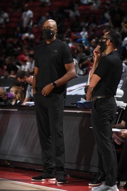 Head Coach, Jamahl Mosley of the Orlando Magic looks on during the game against the Golden State Warriors during the 2021 Las Vegas Summer League on...