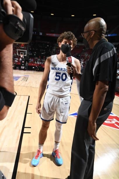 Kyle Guy of the Golden State Warriors is interviewed during the game against the Orlando Magic by reporter, Dennis Scott during the 2021 Las Vegas...