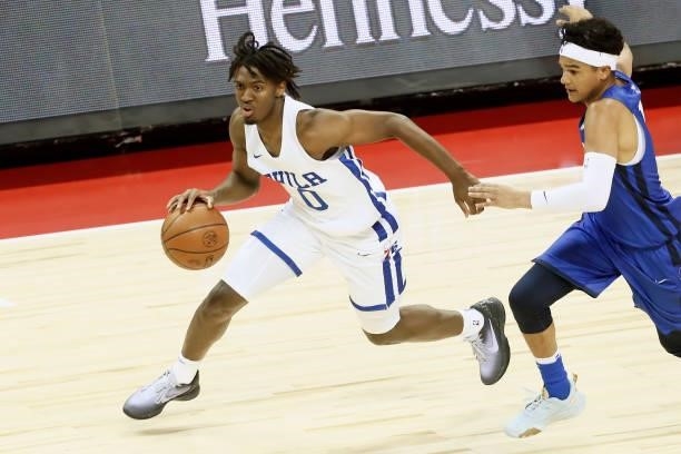 Tyrese Maxey of the Philadelphia 76ers dribbles during the game against the Dallas Mavericks during a Summer League game at the Thomas & Mack Center...