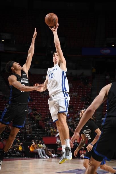 Justinian Jessup of the Golden State Warriors shoots the ball against the Orlando Magic during the 2021 Las Vegas Summer League on August 9, 2021 at...