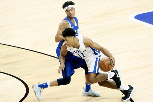 Jaden Springer of the Philadelphia 76ers drives to the basket during the game against the Dallas Mavericks during a Summer League game at the Thomas...