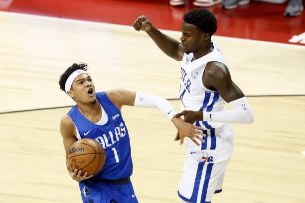 Tyrell Terry of the Dallas Mavericks drives to the basket during the game against the Philadelphia 76ers during a Summer League game at the Thomas &...