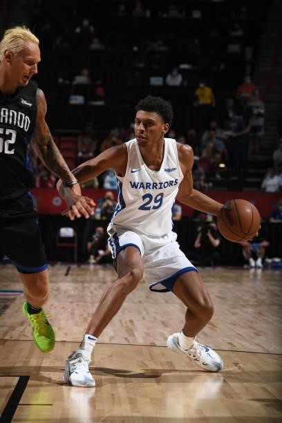 Derrick Alston Jr. #29 of the Golden State Warriors handles the ball against the Orlando Magic during the 2021 Las Vegas Summer League on August 9,...