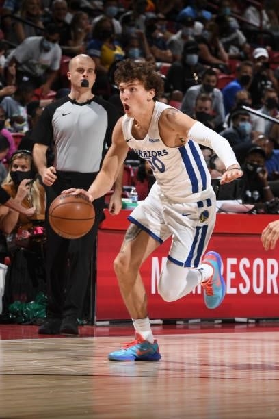 Kyle Guy of the Golden State Warriors handles the ball against the Orlando Magic during the 2021 Las Vegas Summer League on August 9, 2021 at the...