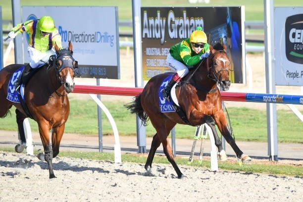 Taramansour ridden by Fred Kersley wins the Hygain Winners Choice BM64 Handicap at Sportsbet-Ballarat Synthetic Racecourse on August 10, 2021 in...