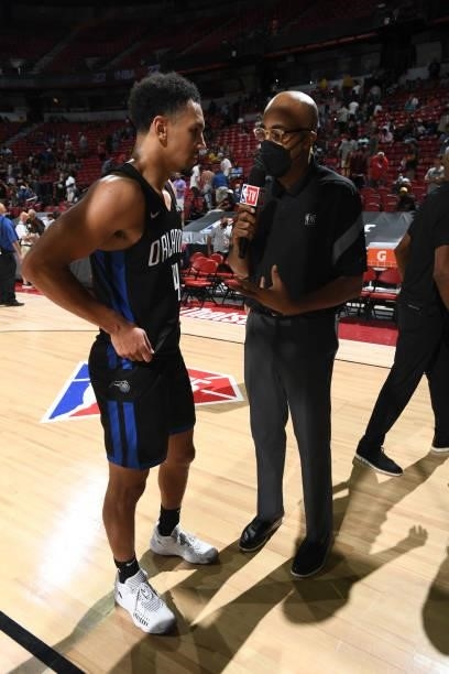 Jalen Suggs of the Orlando Magic is interviewed by reporter, Dennis Scott after the game against the Golden State Warriors during the 2021 Las Vegas...