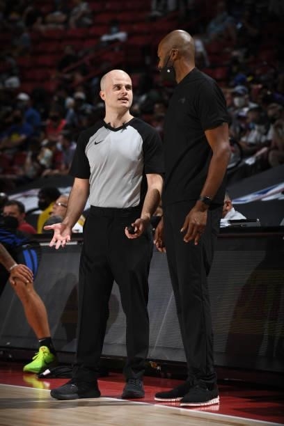 Referee, Agon Abazi talks with Head Coach, Jamahl Mosley during the game against the Golden State Warriors during the game between the Golden State...