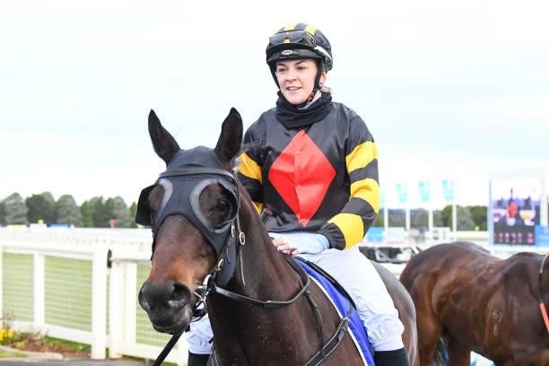 Catadude ridden by Celine Gaudray returns to the mounting yard after winning the Hygain Winners Choice BM58 Handicap at Sportsbet-Ballarat Synthetic...