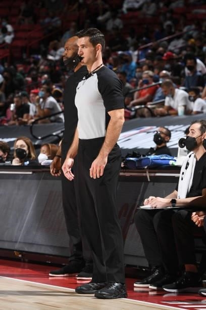 Referee, Dan Powers looks on during the game between the Orlando Magic and the Golden State Warriors during the 2021 Las Vegas Summer League on...