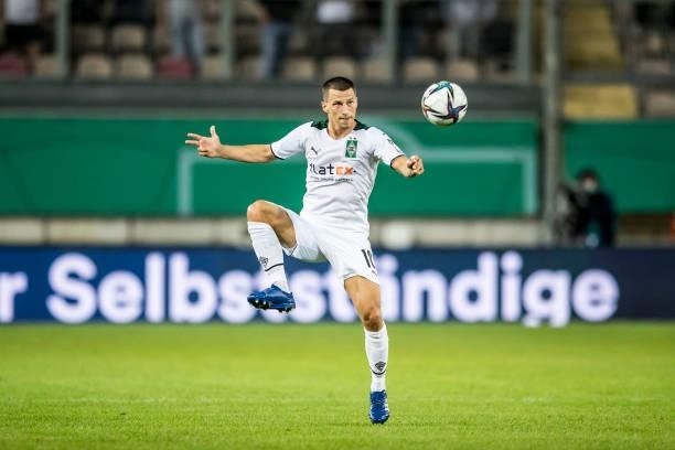 Stefan Lainer of Borussia Moenchengladbach in action during the first Round DFB-Cup match between 1. FC Kaiserslautern and Borussia Moenchengladbach...