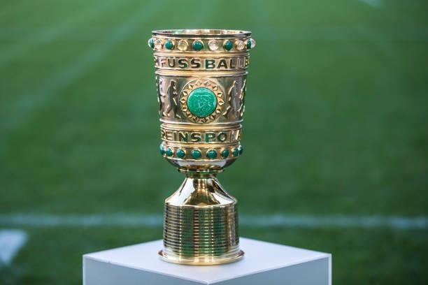 The DFB Cup Trophy is seen ahead the first Round DFB-Cup match between 1. FC Kaiserslautern and Borussia Moenchengladbach at Fritz-Walter-Stadion on...