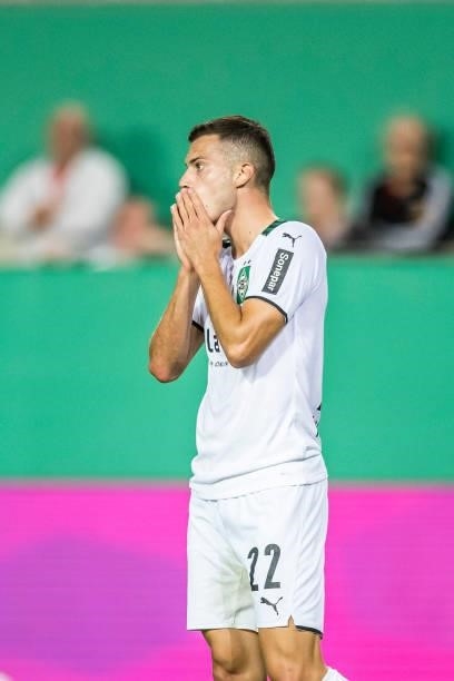 Laszlo Benes of Borussia Moenchengladbach reacts during the first Round DFB-Cup match between 1. FC Kaiserslautern and Borussia Moenchengladbach at...
