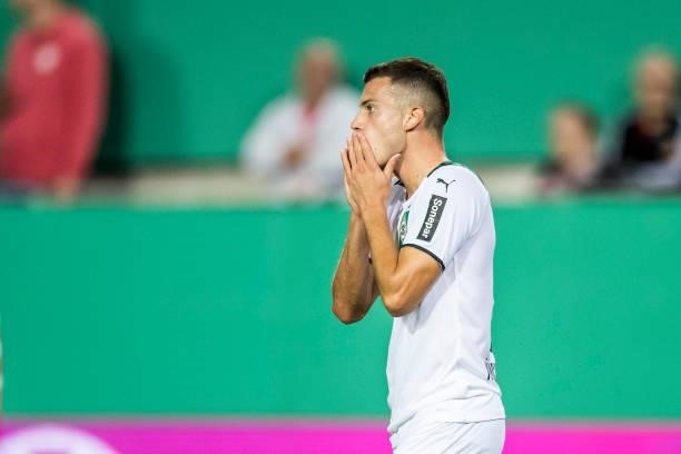 Laszlo Benes of Borussia Moenchengladbach reacts during the first Round DFB-Cup match between 1. FC Kaiserslautern and Borussia Moenchengladbach at...