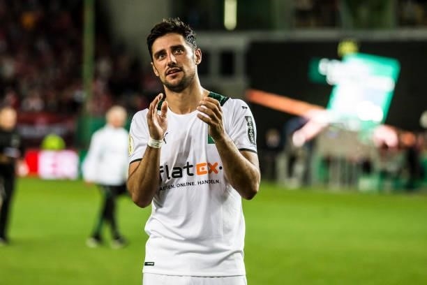 Lars Stindl of Borussia Moenchengladbach celebrate after the first Round DFB-Cup match between 1. FC Kaiserslautern and Borussia Moenchengladbach at...