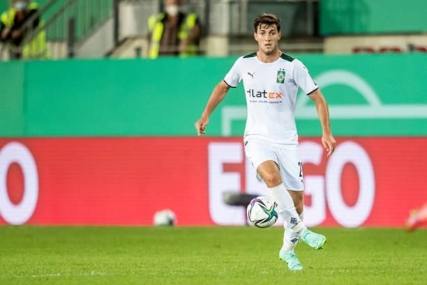 Joe Scally of Borussia Moenchengladbach in action during the first Round DFB-Cup match between 1. FC Kaiserslautern and Borussia Moenchengladbach at...